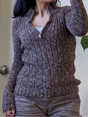 Liz Claiborne Brown Speckled Ribbed Half-Zip Sweater